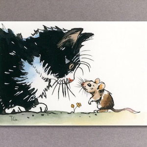 Mus och katt akvarell ACEO: Original miniatyrmålning