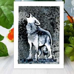 Aceo Watercolor Original Art, Wolf ACEO Card, Miniature Art, Carta acquerello fatta a mano, Animal Aceo Art, Pittura acquerello lupo