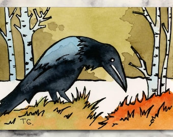Crow Original ACEO Watercolor Art – Dipinto in miniatura dipinto a mano – Regalo di carte collezionabili d'artista uniche