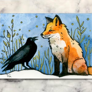 ACEO Original Fox & Crow Watercolor Painting, Miniature Animal Art Card, Unique Nature Gift for Art Lovers, Hand-Painted Collectible Artwork