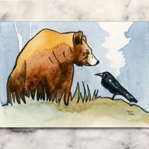 Bear and Raven Original ACEO Watercolor Painting – Miniature Art Trading Card