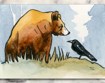 Orso e Corvo Acquerello ACEO Originale – Carta da Collezione d'Arte in Miniatura