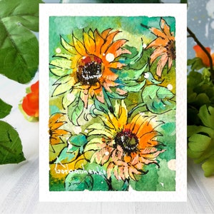 Aceo Original Art, Girasoli Dipinto ad acquerello originale, Miniatura Aceo Card, Minuscolo, Mini arte, Idee regalo, Arte spaziale, Botanica floreale