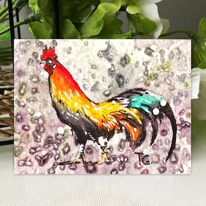 Aceo Original Art, Rooster Original Watercolor Painting, Miniature Aceo Card, Tiny, Mini Art, Gift Ideas, Space Art, Farm Animals Artwork