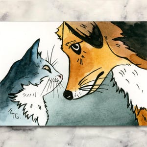 Dog and Cat Original ACEO Watercolor Art – Hand Painted Miniature Painting – Unique Artist Trading Card Gift