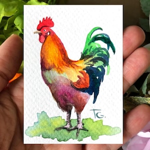Aceo Original Art, Rooster Original Watercolor Painting, Miniature Aceo Card, Tiny, Mini Art, Gift Ideas, Space Art, Farm Animals Artwork