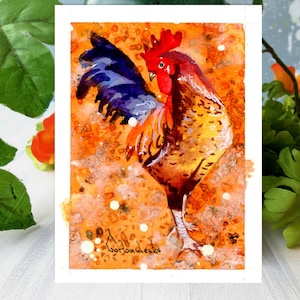 ACEO Original Watercolor Art: Rooster Painting - Miniature Farm Animal Artwork - Tiny Gift Card - Collectible Mini Art