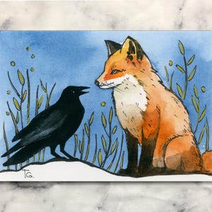 ACEO Original Fox & Crow Watercolor Painting, Miniature Animal Art Card, Unique Nature Gift for Art Lovers, Hand-Painted Collectible Artwork