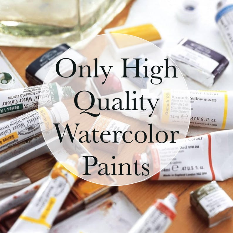 May include: A collection of watercolor paint tubes and small square pans in various colors, including Bismuth Yellow and Cadmium Red, scattered across a surface. The text "Only High Quality Watercolor Paints" is overlaid in the center.