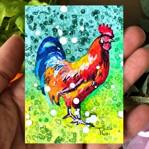 Aceo Original Art, Rooster Original Watercolor Painting, Miniature Aceo Card, Tiny, Mini Art, Gift Ideas, Space Art, Farm Animals Artwork