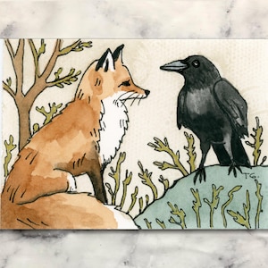 ACEO Original Fox & Crow Watercolor Painting, Miniature Animal Art Card, Unique Nature Gift for Art Lovers, Hand-Painted Collectible Artwork