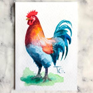 Aceo Original Art, Rooster Original Watercolor Painting, Miniature Aceo Card, Tiny, Mini Art, Gift Ideas, Space Art, Farm Animals Artwork