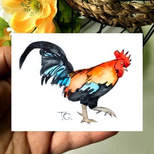 Aceo Original Art, Rooster Original Watercolor Painting, Miniature Aceo Card, Tiny, Mini Art, Gift Ideas, Space Art, Farm Animals Artwork