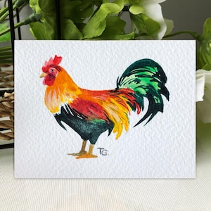 Aceo Original Art, Rooster Original Watercolor Painting, Miniature Aceo Card, Tiny, Mini Art, Gift Ideas, Space Art, Farm Animals Artwork