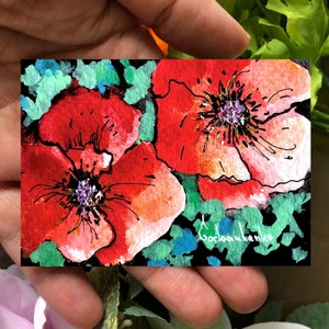 ACEOオリジナルアート、ポピーの花の水彩画、ミニチュア花柄の小さなアートカード、ギフト