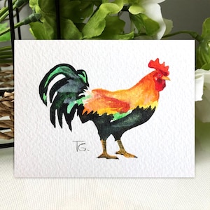 Aceo Original Art, Rooster Original Watercolor Painting, Miniature Aceo Card, Tiny, Mini Art, Gift Ideas, Space Art, Farm Animals Artwork
