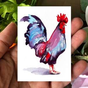 Aceo Original Art, Rooster Original Watercolor Painting, Miniature Aceo Card, Tiny, Mini Art, Gift Ideas, Space Art, Farm Animals Artwork