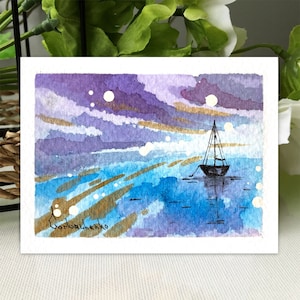 ACEO originele aquarelverf - zeilboot zeegezicht miniatuur kunstkaart