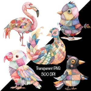 May include: A collection of five watercolor birds, including a flamingo, a peacock, and three smaller birds, all featuring a patchwork design of colorful fabric patterns. The text Transparent PNG 300 DPI is centered among the birds.