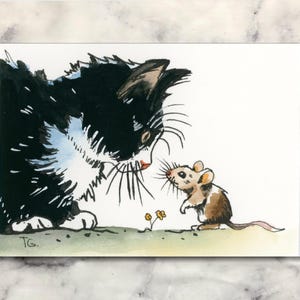Mouse and Cat Watercolor ACEO: Original Miniature Painting