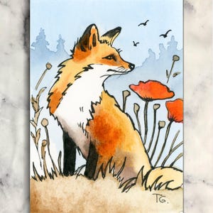 Original ACEO Watercolor Fox Art – Miniature Forest Painting with Poppies – Tiny Animal Artwork 2.5x3.5