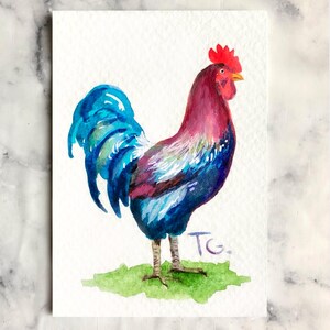Aceo Original Art, Rooster Original Watercolor Painting, Miniature Aceo Card, Tiny, Mini Art, Gift Ideas, Space Art, Farm Animals Artwork