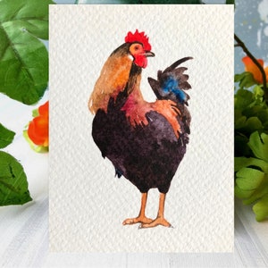 Aceo Original Art, Rooster Original Watercolor Painting, Miniature Aceo Card, Tiny, Mini Art, Gift Ideas, Space Art, Farm Animals Artwork
