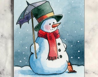 Originele ACEO-waterverfschilderij sneeuwpop – miniatuur handgeschilderde kunstruilkaart