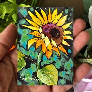 Aceo Original Art, Sunflower Original Watercolor Painting, Miniature Aceo Card, Tiny, Mini Art, Gift Ideas, Space Art, Floral Botanical
