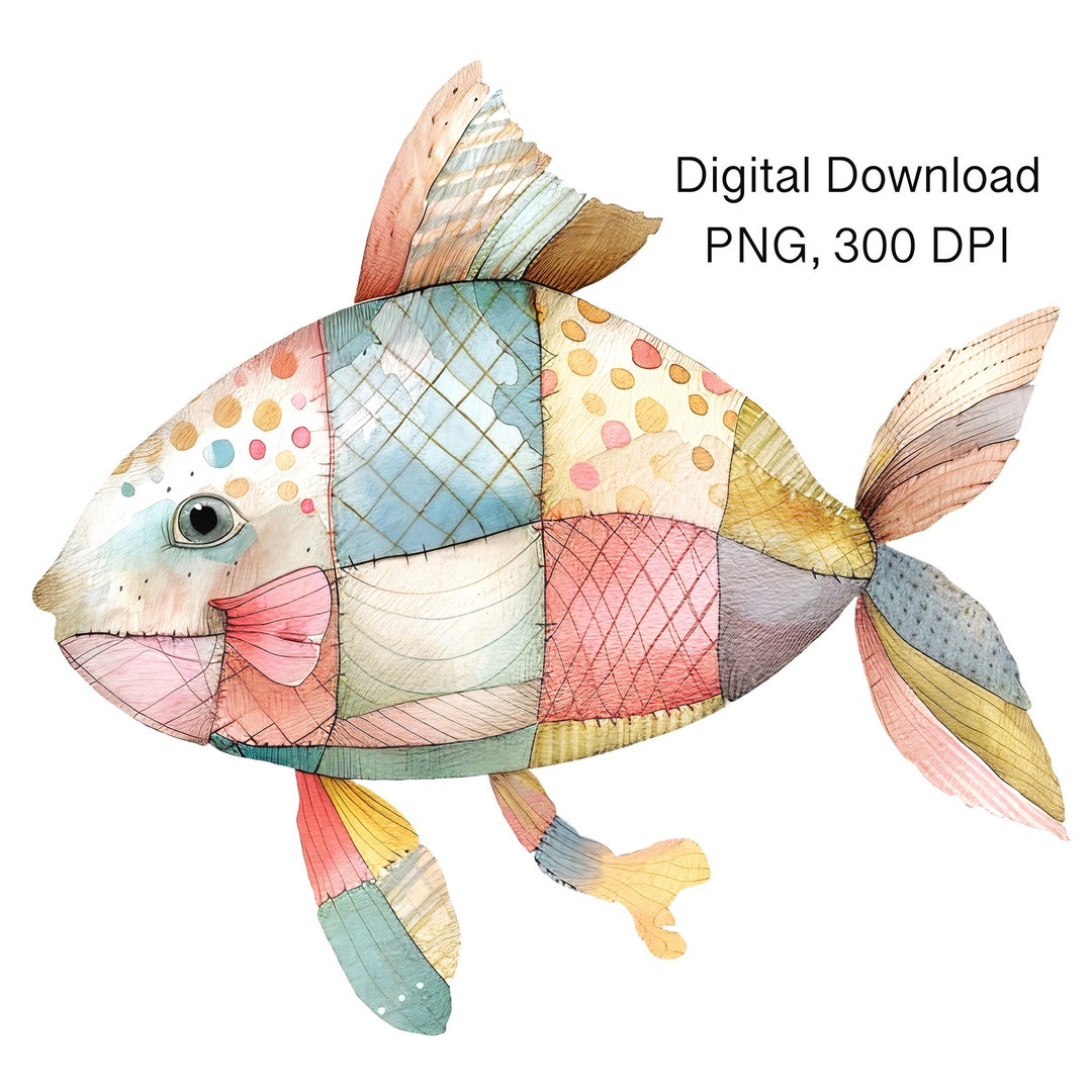 Patchwork Fish Design Patchwork Fish Clipart, Digital Download, Printable Watercolor Clipart ...