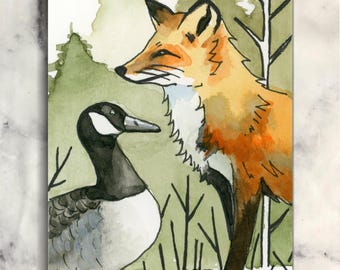 Original ACEO Watercolor Fox Goose Miniature Painting Hand Painted Animal Artist Trading Card Art