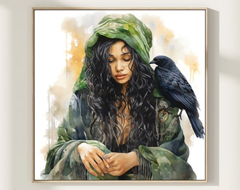 Donna con uccello pittura ad acquerello stampa originale Art Poster uccello donna parete arte donna viso arte ritratto stampa pittura figurativa stampa