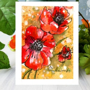 Aceo Original Art, pittura ad acquerello originale di fiori di papavero, carta Aceo in miniatura, piccola, mini arte, idee regalo, arte spaziale, botanica floreale
