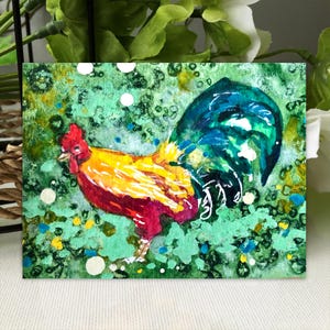 Aceo Original Art, Rooster Original Watercolor Painting, Miniature Aceo Card, Tiny, Mini Art, Gift Ideas, Space Art, Farm Animals Artwork