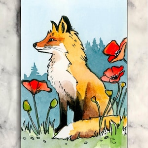 Original ACEO Watercolor Fox Art – Miniature Forest Painting with Poppies – Tiny Animal Artwork 2.5x3.5