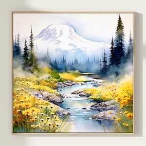 Impression du mont Rainier, art du parc national, aquarelle de montagne, lever de soleil sur la montagne, art mural de voyage, peinture du mont Rainier