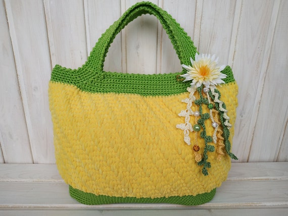 yellow crochet bag