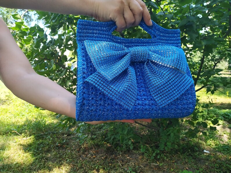 Heart Shaped Crochet Bag. Crochet Blue Bag. Bow Bag. Crochet Etsy