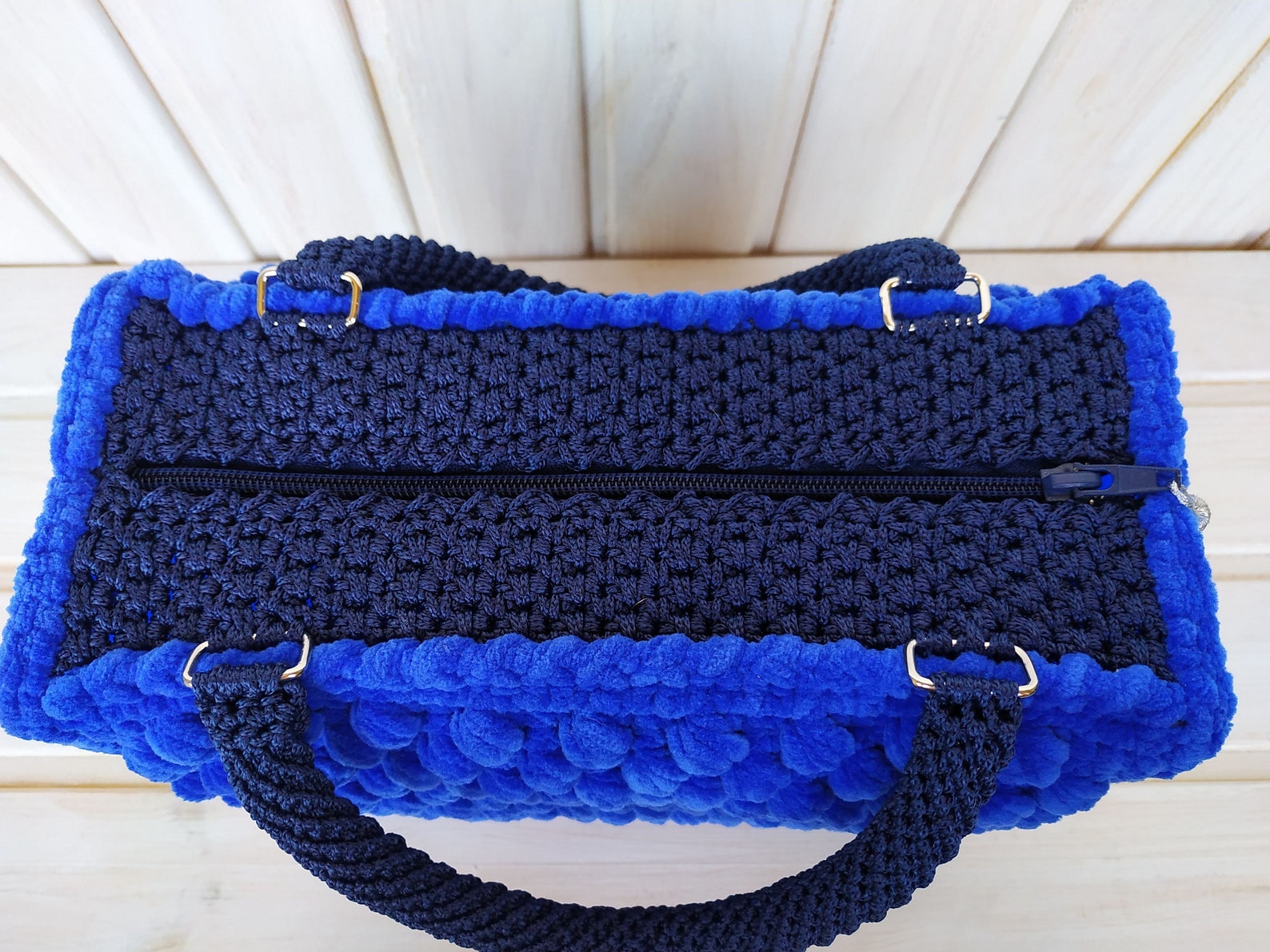 Knitted Bag Bright Blue Color. Crochet Bag With Transparent Etsy