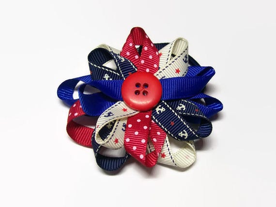 Ribbon Hair Ties Red White And Blue Hair Flowers Elastic Etsy