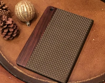 IPAD MINI CASE 1,2,3 hand polished madagascar rosewood ,vintage looking basket weave Leather