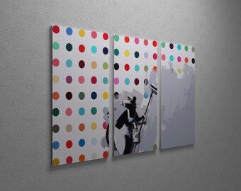 BONUS WALL DECAL! Banksy Pissing Dog Stretched Canvas Triptych Print 48/"x30/"