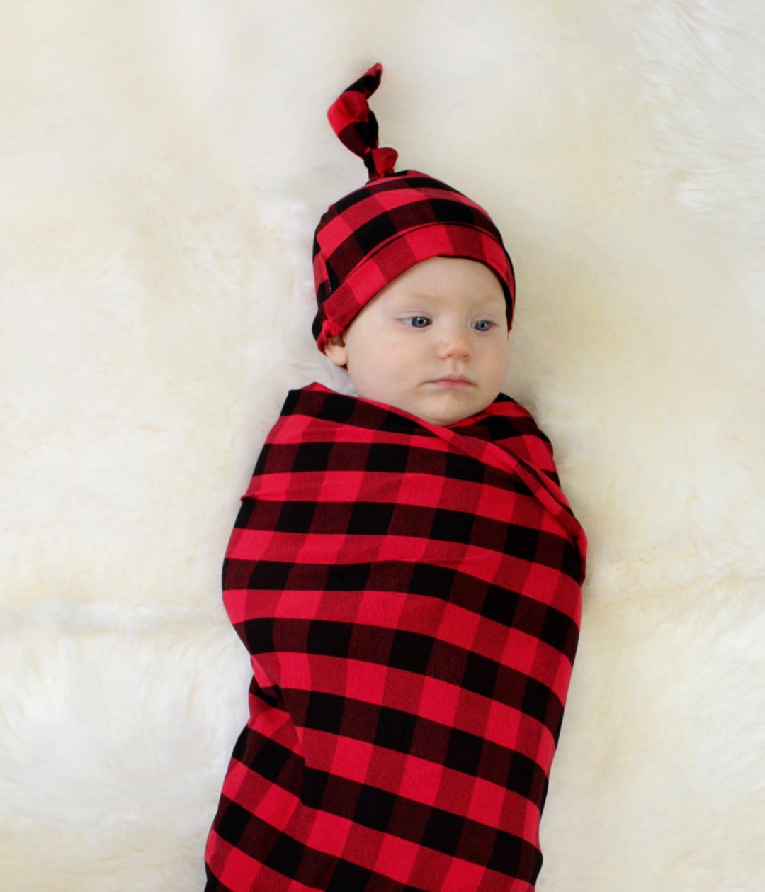 Red Buffalo Swaddle & Newborn Hat Set Red Black Plaid Swaddle Baby Boy