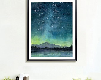 Green Starry Night Watercolor Print, Celestial Landscape Wall Art, Galaxy Painting, Nature Decor