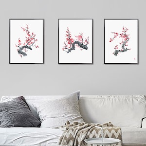 Set of 3 Cherry Blossom Prints, Watercolor Japandi Wall Art, Wabi Sabi ...