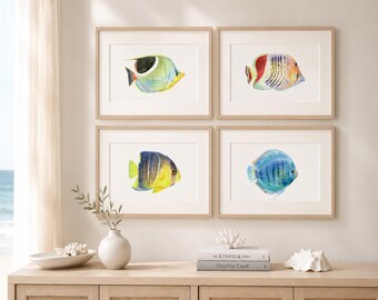 Set of 4 Tropical Fish Watercolor Prints, Original Marine Art, Coastal Gallery Wall Decor, Unframed Fine Art Set