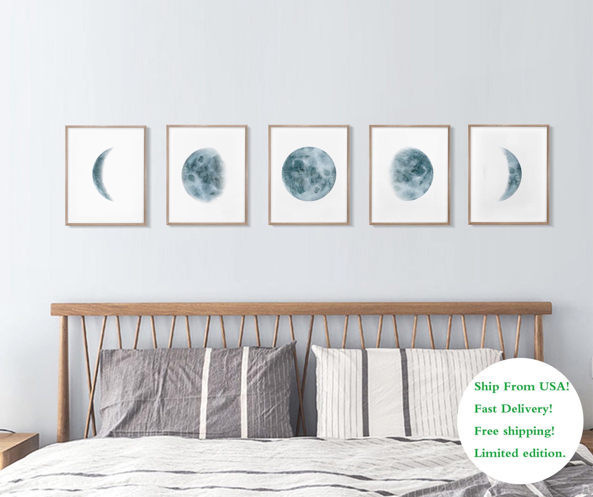 Moon Art Above Bed Lunar Phases Art Moon Phases Wall Art Etsy