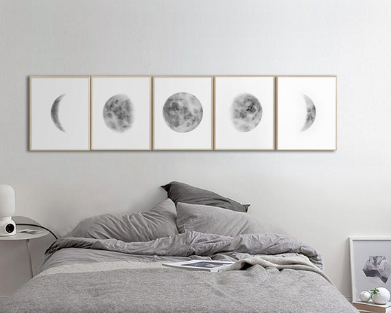 Moon Phases Prints Wall Art Above Bed Art Boho Wall Art Set Etsy moon phases prints wall art above bed art boho wall art set of 5 lunar phases print grey black watercolor prints set bedroom wall art