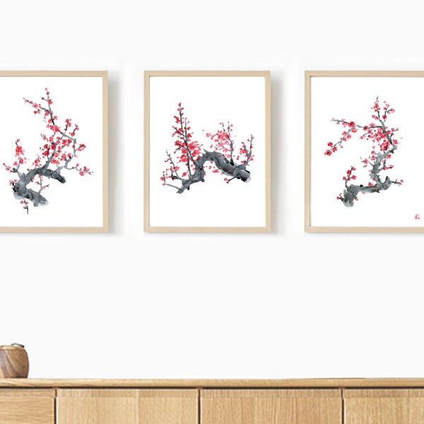 Set of 3 Cherry Blossom Prints, Watercolor Japandi Wall Art, Wabi Sabi Modern Artwork