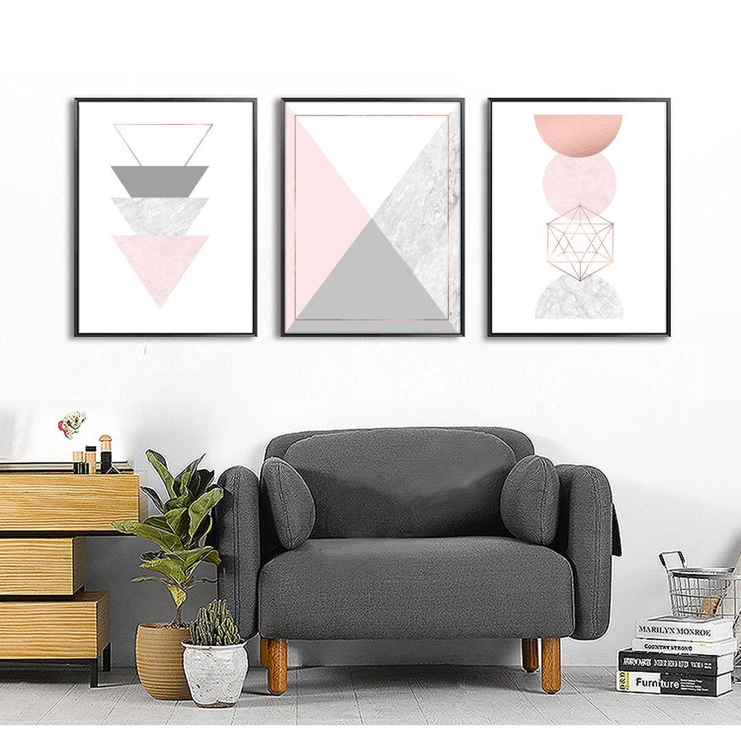 Geometric Wall Art Set of 3 Prints Blush Pink Marble Rose - Etsy